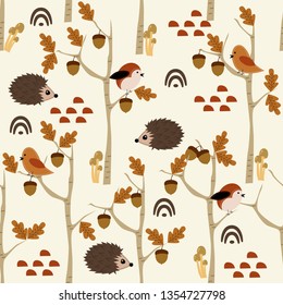 seamless pattern with hedgehog and acorn in forest - vector illustration, eps