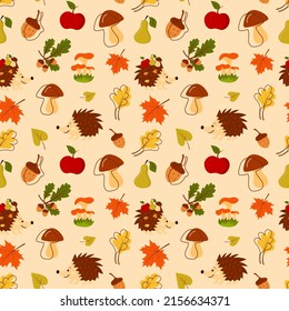Seamless pattern with hedgehog, acorns, pear, mushrooms, apple and autumn leaves. Scrapbook, gift wrapping paper, textiles.