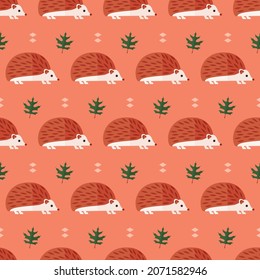 seamless pattern hedgehog animal leaf woods forest on orange background vector wallpaper textile giftwrap