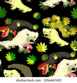 seamless pattern  Hedgehog is an animal with mushroom leaves vector illustration