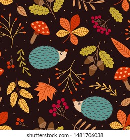 seamless pattern with hedgehog and autumn elements - vector illustration, eps    