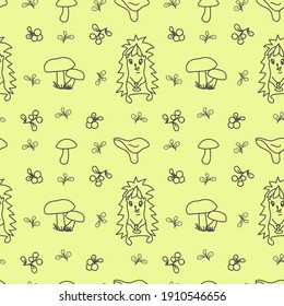 Seamless pattern with hedgehog, berries and mushrooms. Vector graphics.