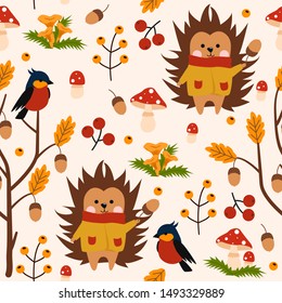 seamless pattern with hedgehog and bird in the autumn forest - vector illustration, eps