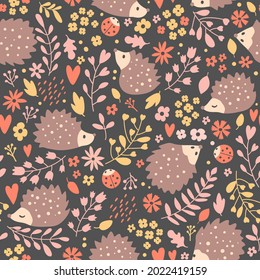 Seamless pattern with hedgehog and flowers, animal background. Perfect for textile, fabric, print. hand drawn Vector Illustration.