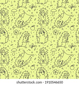 Seamless pattern with hedgehog, flowers and apples. Vector graphics.