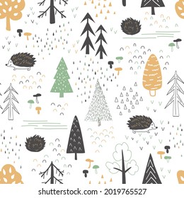 Seamless pattern of a hedgehog in the forest. Autumn forest, Christmas trees, mushrooms, rain, hedgehog. A vector illustration drawn by hand. For children, fabrics, packaging, textiles, wallpaper