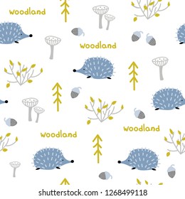 Seamless pattern with hedgehog in the forest. Cute kids print. Vector hand drawn illustration.