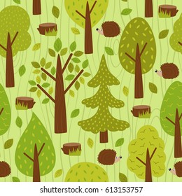 seamless pattern with hedgehog in forest - vector illustration, eps
