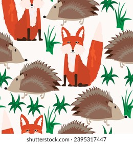 Seamless pattern with hedgehog and fox; animal seamless pattern 