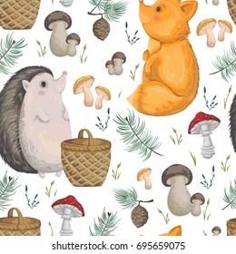Seamless pattern with hedgehog, fox, basket, mushrooms, cones and spruce. Cute cartoon characters. Hand drawn vector illustration in watercolor style
