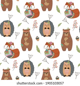 Seamless pattern hedgehog, fox and beaver. Vector handmade illustration for printing , bedding, baby clothes and dishes. Cute baby background.