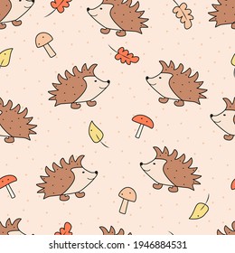 Seamless pattern hedgehog mushrooms and leaves, autumn forest concept. Background wallpaper for printing. Children cartoon characters.