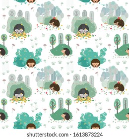 Seamless pattern with hedgehog on the background of a tree, plant, bush and different elements. Vector illustrations in the Scandinavian style