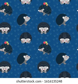 Seamless pattern with hedgehog on the background of a tree, plant, bush and different elements. Vector illustrations in the Scandinavian style.