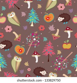 Seamless pattern with hedgehog and Owl, Apple,  mushroom, flover.VECTOR