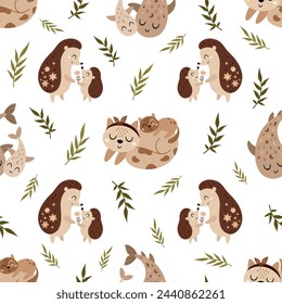 Seamless pattern with hedgehog and plants in cartoon flat style. Happy Mothers day digital paper perfect for scrapbook paper, decor, background, fabric. Hand drawn vector pattern