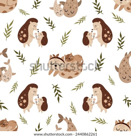Seamless pattern with hedgehog and plants in cartoon flat style. Happy Mothers day digital paper perfect for scrapbook paper, decor, background, fabric. Hand drawn vector pattern