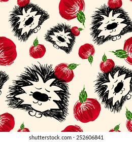 Seamless pattern hedgehog with red apple