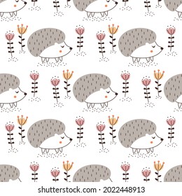 Seamless pattern with hedgehog in the Scandinavian style. Cute animal with flowers. For fabric, textile, wrapping paper. Vector Illustration.