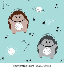 Seamless pattern with a hedgehog in space, Astronaut hedgehog, hedgehog flying in space