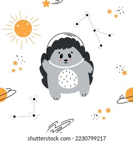 Seamless pattern with a hedgehog in space, Astronaut hedgehog, hedgehog flying in space