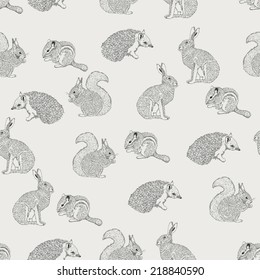 Seamless pattern with hedgehog, squirrel, hare, rabbit, squirrel, animals on light background in vintage style. Background for fabric, scrapbooking, greeting cards in hipster style. Hand drawing. 