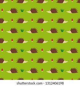 Seamless pattern with hedgehogs and amanita fly-agaric red mushroom Vector 