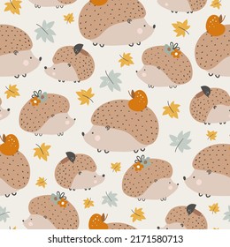 Seamless pattern with hedgehogs ann mushrooms. Creative scandinavian background. Perfect for kids apparel,fabric, textile, nursery decoration,wrapping paper.Vector Illustration.