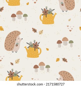 Seamless pattern with hedgehogs ann mushrooms. Creative scandinavian background. Perfect for kids apparel,fabric, textile, nursery decoration,wrapping paper.Vector Illustration.