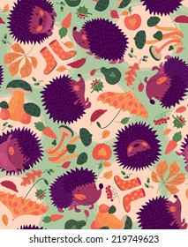 Seamless Pattern With Hedgehogs And Autumn Leaves