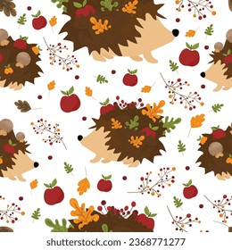 Seamless pattern, hedgehogs, autumn leaves, apples, mushrooms. Flat style. Hedgehogs, mushrooms, orange and green leaves, red, bright apples. Twigs with berries. For wallpaper, children's textiles.