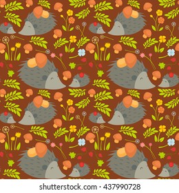 Seamless pattern with hedgehogs. Baby animal vector illustration. Mother and child.