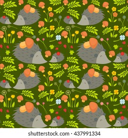 Seamless pattern with hedgehogs. Baby animal vector illustration. Mother and child.