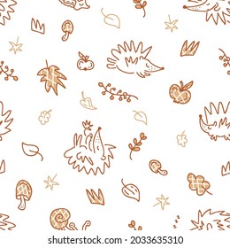 Seamless pattern of hedgehogs and elements in the autumn theme doodles. Perfect for fabric, scrapbooking, textile and prints. Sketch style vector illustration for decor and design.
