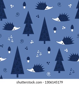 Seamless pattern with hedgehogs, fir trees, mushrooms. Cute funny woodland character in forest. Design for fabric, paper, textile, scrap paper. 
Blue background. Vector repeat endless ornament