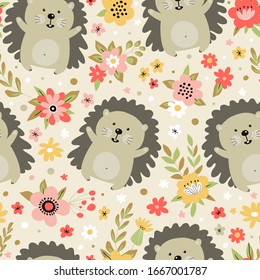 Seamless pattern with hedgehogs and flowers. Can be used on packaging paper, fabric, background for different images, etc.