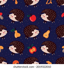 Seamless pattern of hedgehogs and fruits with mushrooms on a blue background