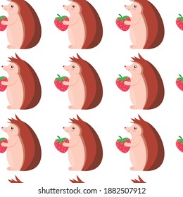 seamless pattern, hedgehogs hold strawberries