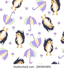 Seamless pattern with hedgehogs. Lovely umbrellas. Forest mushrooms.