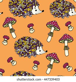 Seamless pattern with hedgehogs and mushrooms. Cute cartoon animal background. Boho striped. Vector