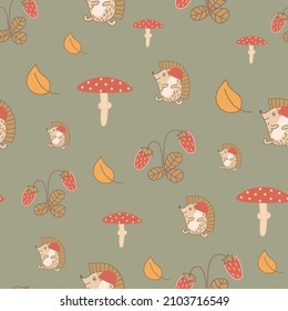 Seamless pattern with hedgehogs, mushrooms and  strawberries on khaki background. Hand drawn vector illustration.