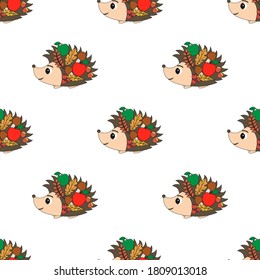 Seamless pattern with hedgehogs on a white background. Autumn background with hedgehogs, apples and autumn leaves.