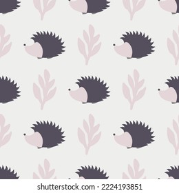 Seamless pattern with hedgehogs on a white background. Autumn background with hedgehogs, apples and autumn leaves.