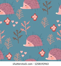 Seamless pattern with hedgehogs. Perfect for kids apparel,fabric, textile, nursery decoration, wrapping paper. Vector Illustration