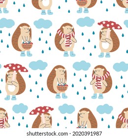 Seamless pattern of hedgehogs with rainy clouds on white background. Ideal for kids design, fabric, wrapping, wallpaper, textile, home decor.