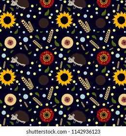 Seamless pattern with hedgehogs and sunflowers