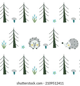 Seamless pattern with hedgehogs, trees, flowers and so on. Cute childish vector illustration.