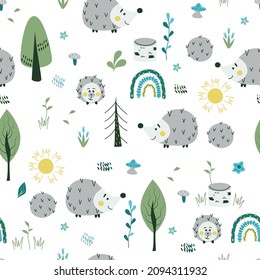 Seamless pattern with hedgehogs, trees, rainbow and so on. Cute childish vector illustration.