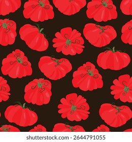 Seamless pattern heirloom tomatoes with green stems different shapes. Flat vector illustration isolated on dark background. Colorful vegetable variety. Healthy eating and organic farming concept
