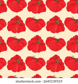 Seamless pattern heirloom tomatoes with green stems different shapes. Flat vector illustration isolated on light background. Colorful vegetable variety. Healthy eating and organic farming concept